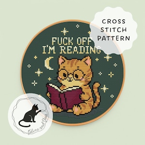 A cross stitch pattern of a cute ginger cat reading a book, with the wording ‘Fuck off I’m reading!’