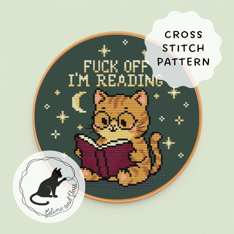 A cross stitch pattern of a cute ginger cat reading a book, with the wording ‘Fuck off I’m reading!’