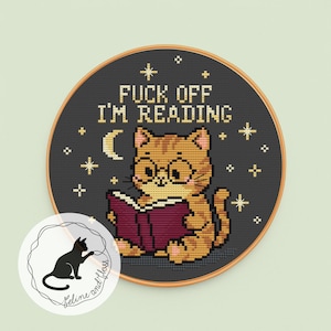 A cross stitch pattern of a cute ginger cat reading a book, with the wording ‘Fuck off I’m reading!’