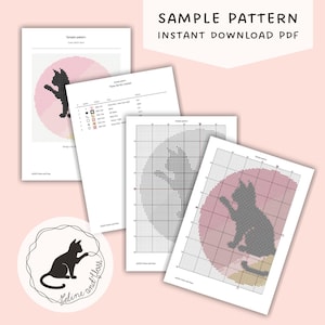 Four pages stacked on top of each other, showing examples of Feline and Floss cross stitch patterns. The Feline and Floss logo is in the bottom left corner, and a banner stating ‘sample pattern, instant download PDF’ is in the top right corner.