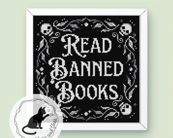 Cross Stitch Pattern: Read Banned Books, Skulls and Vines Border (instantly downloadable PDF)