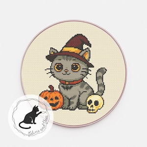 Modèle de point de croix chat et amis d'Halloween (téléchargement instantané du modèle PDF)