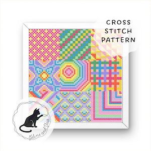 May include: A framed cross stitch pattern with a vibrant, geometric design. The artwork features a patchwork of colorful patterns in pink, green, yellow, blue, and orange. The text "CROSS STITCH PATTERN" is displayed on the top right. A black cat logo is on the bottom left.