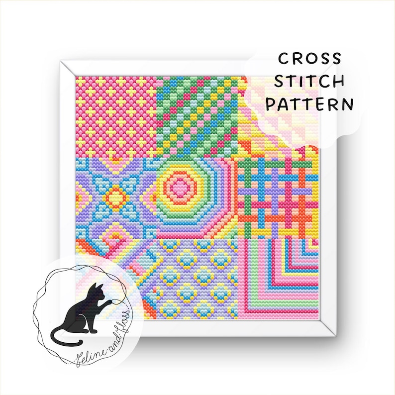 A cross stitch design with brightly coloured geometric patterns arranged in squares. The feline and floss logo is in the bottom left corner.