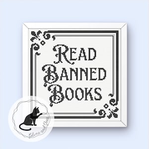 Read Banned Books Cross Stitch Pattern, Edwardian Border (instantly downloadable PDF)