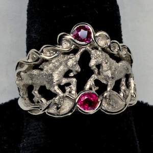 Double Unicorn Ring in White 14k Palladium Gold With Natural Rubies Size 7.5
