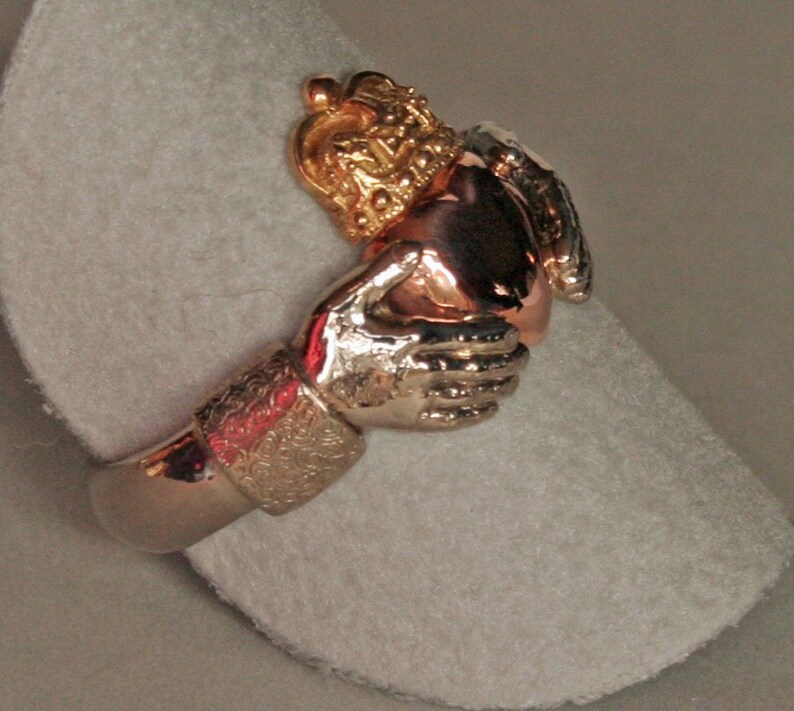 Claddagh Ring in 18k white, 18k yellow, and 14k pink gold, size 9 1/2, 10 mm tall image 3