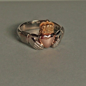 Claddagh Ring in 18k white, 18k yellow, and 14k pink gold, size 9 1/2, 10 mm tall image 1