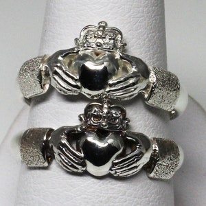 Irish silver woman’s Claddagh ring size 8 shown in oxidized and bright finishes