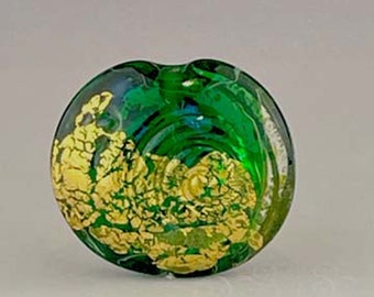 Handmade Lampwork Glass Focal Bead Green with Gold