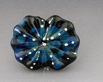 Lampwork Glass Focal Bead Black and Blue Ruffles w/Silver