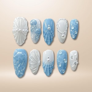 Handmade Jellyfish Press On Nails: Ocean Pearl Acrylic Nail Gels