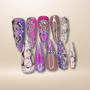 3D Metallic Silver on Purple Long Stiletto Press On Nails Goth, Chrome Aura Gothic Fake Nails, Emo Y2K Grunge Nails