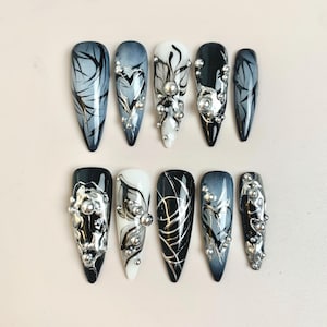 Black Chrome Press On Nails with Silver Sculptural Art, Abstract Heart Details Gothic Swirls, Handmade Faux Gel Nails for Cyber, Edgy Glam