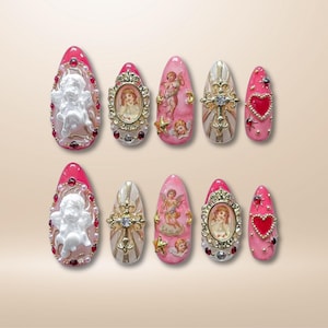 Romantic Angelcore Press On Nails with Cherubs, Gold Cross Charms and Red Hearts, Handmade Vintage Style Gel Nails for Valentine or Cosplay