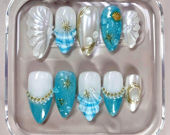 Mermaid Press On Nails: Ocean Blue Seashell Art, Pearls & Gold Accents