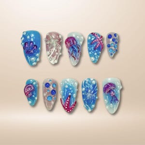 3D Deep Sea Press On Nails: Starfish Seashell Nail Art