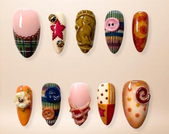 Cottagecore Patchwork Press On Set with Buttons Cozy Textures Vintage Country Look