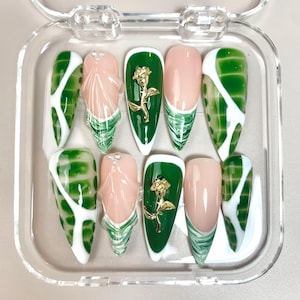 3D Rose Gold Press On Nails | Stiletto Frech Tips Nails | Pink and Green Nail Set | Y2K Inspo Long Fake Nails