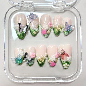 Butterfly Garden Press-On Nails: Hand-Painted Floral Glitter Gel Nails