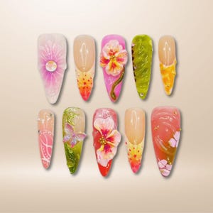 Serect Garden Longue presse amande sur l&#39;ongle, décoration d&#39;ongles tendance fleur 3d, faux ongle/ongles évasé pour anniversaire, vacances, vacances, ongle