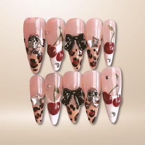 Red Cherry Leopard Print Press On Nails: Gothic Skull Charms, Acrylic Nail Art