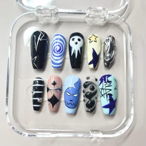 Soulcore Anime-Inspired Press-On Nails | Grunge Cartoon Set with Skulls, Spirals & Stars | Nail Art for Cosplay and Street Style