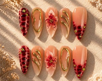 Burgundy Floral Press On Nails: 3D Gold Accent Almond Nail Set