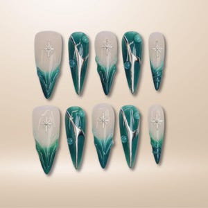 Green French Tip Stiletto Press On Nails: 3D Gel, Chrome Silver, Y2K