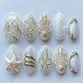 Summer Press On Nails Ocean-themed with Gold Accents | Elegant 3D Fake Nails in Long Almond | Handmade Nail for Holiday, Vacation, Birthday product logo