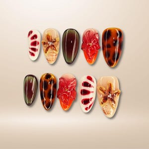 Fall Press On Nails with 3D Floral and Cherry Accents, Tortoise Shell Floral Press Ons | Autumn Red Flower Gel Nails | Artistic Fake Nails