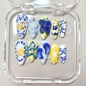 Blue & Yellow Floral Press-On Nails | Hand-Painted Flowers, Butterflies, Bows | Reusable Gel Nails for Spring and Summer | Elegant Design