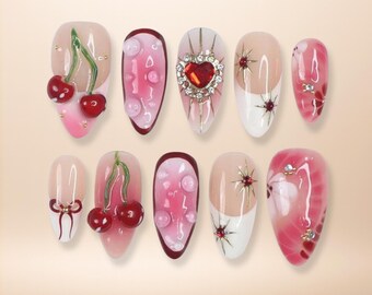 Handmade Valentine Press On Nail Art with Heart Bow Pearl Accent