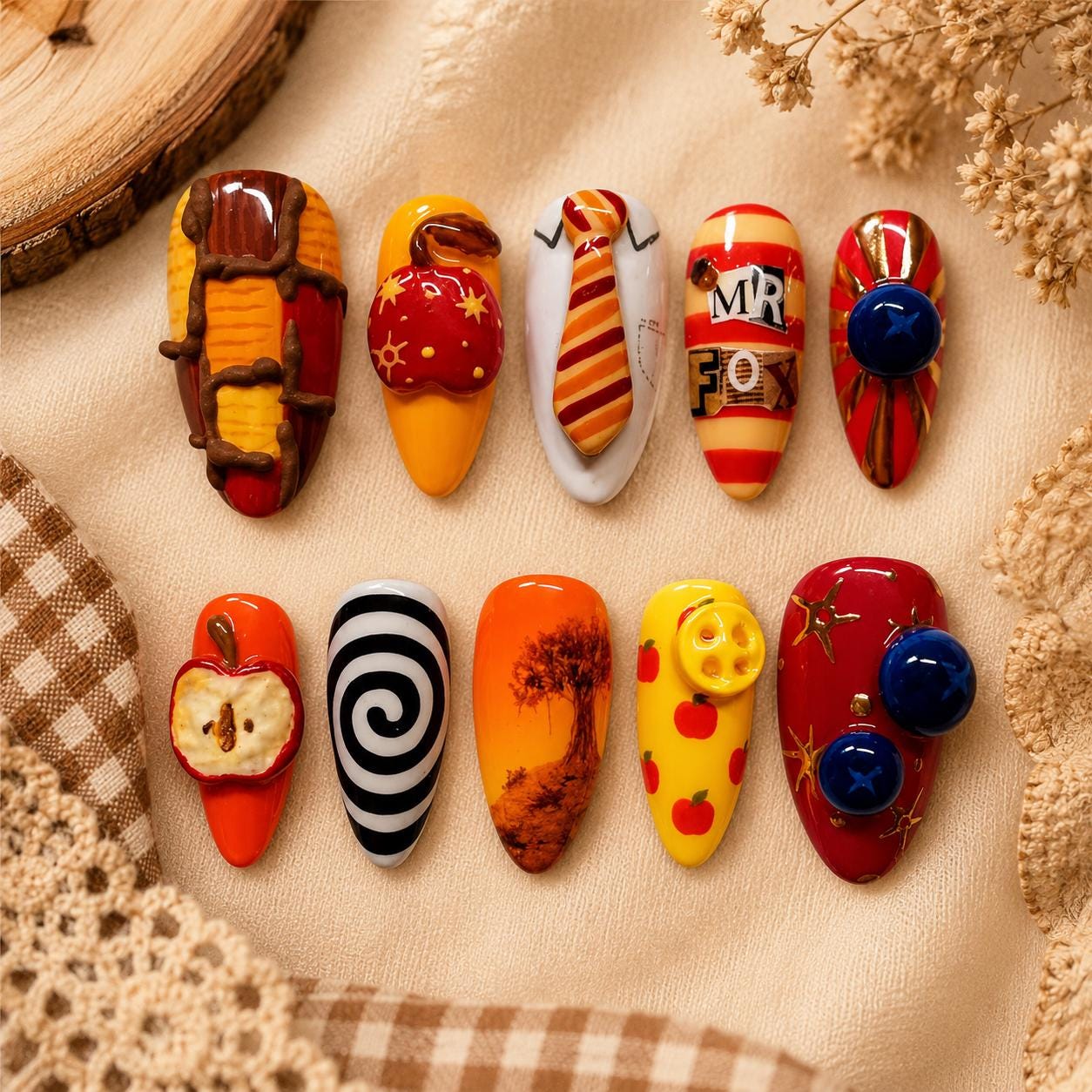 Whimsical Fall Press on Nails: Mr. Fox, Apples & 3D Cartoon Style