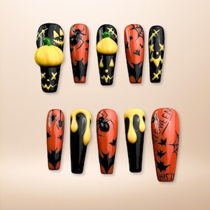 3D Halloween Press On Nails: Pumpkin, Slime, Bat Design