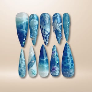 Ocean-inspired Press On Nails | Ocean nailss and Starfish Design On Fake Nails | ocean nails |Jellyfish Pattern on Acrylic nails