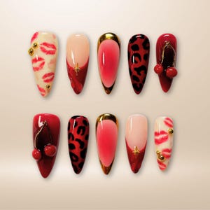 Red Cherry Press On Nails with Kiss Prints, Leopard Pattern and Gold Accents, Handmade Valentine or Party Nail Art Set, Vacation Nail Set