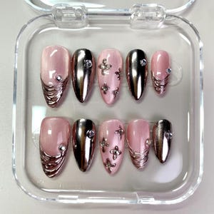 Elegant Metallic Rose Gold Press-On Nails | Shiny Glossy Design with Floral Accents & Gems | Reusable Gel Nails for Formal Special Occasions
