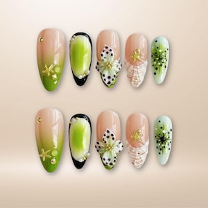 Green Ombre Press On Nails: 3D Flowers, Starfish - Tropical Nail Art