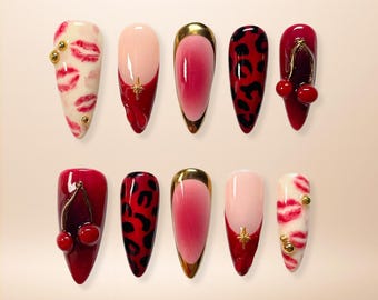 Red Leopard Press On Nail Set, Cherry Kiss, Gold Star Accent