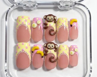 Kawaii Apa Press On Naglar, 3D Banan Nagelkonst Set, Söta Prickiga Lösnaglar