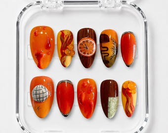 Handmade Orange Fantasy Press On Nails: Citrus, Disco & Retro Art