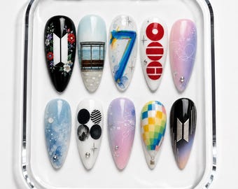 Presse sur les ongles inspirée des albums Bangtan, jeu d'ongles Kpop ARMY, ongles réutilisables faits main Love Yourself & Map of the Soul