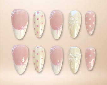 Pink Ribbon Dots Press On Nails | Soft Cream Nails with Bow Details