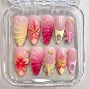 3D Flower Press On Nails: Tropical Pink Jelly Tips with Starfish
