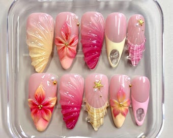 3D Flower Press On Nails: Tropical Pink Jelly Tips with Starfish