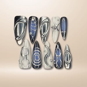 Free Style Mix Colour Metallic Silver Long Almond Press On Nail, CustomChrome Nail, Y2K Nail Style for Holiday Birthday Prom