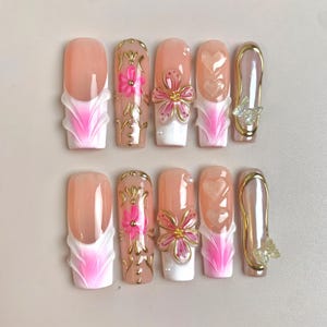 Elegant Pink Floral Press-On Nails | Premium Reusable Gel Nails | Handmade 3D Flower and Butterfly Nail Art | Custom Gel Nails