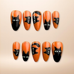 Halloween Press On Nails with Black Cat Silhouettes on Orange Base, Handmade Spooky Cute Nails for Cat Lovers and Festive Style