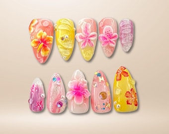 Uñas acrílicas con diseño de flores tropicales 3D: Fairycore